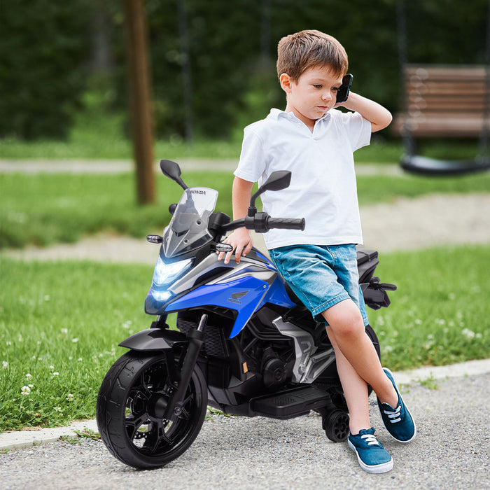 Qaba Motorcycle Electrique Honda Licensee 12v, Conduite Sur Moto A Batterie Pour Les Enfants Avec Des Phares Roues D'entrainement, Musique, Pour 3 A 6 Ans, Bleu