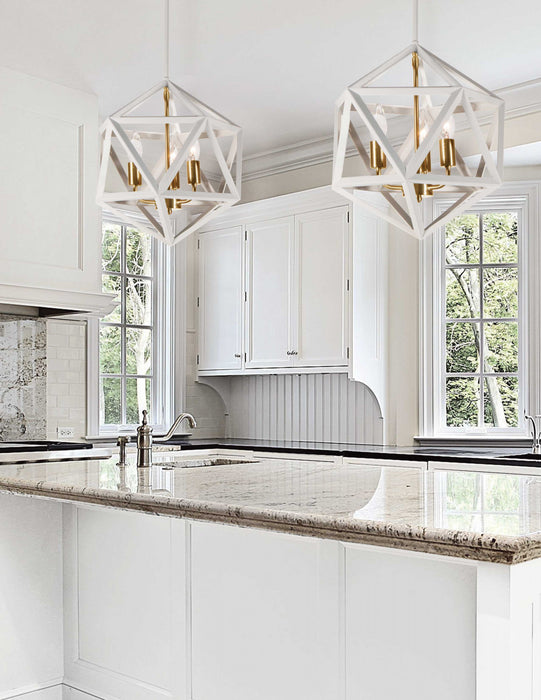 Lustre Archello de Dainolite à fini blanc mat avec touches bronze rétro et 3 ampoules