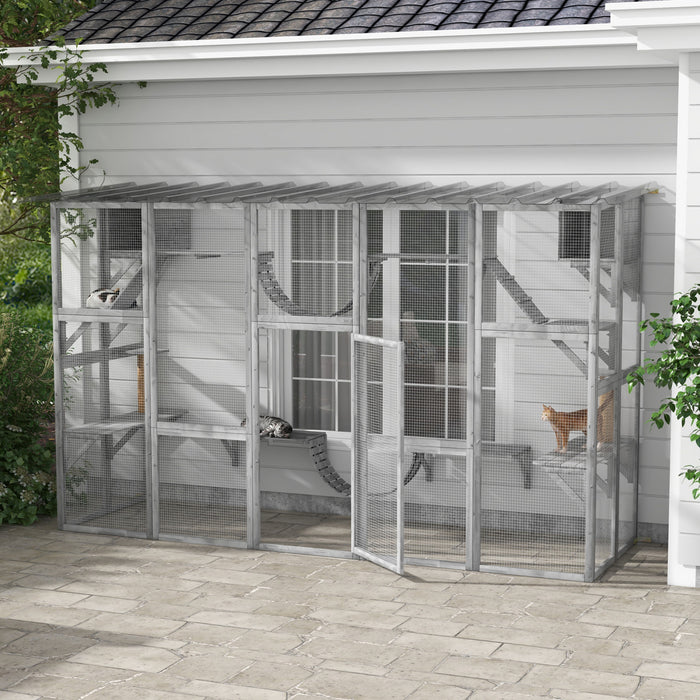 Pawhut Catio Grande Enceinte Exterieure Pour Chats Avec Condos Pour Chats, Plates-formes, Echelles, Portes, Toit Resistant Aux Intemperies, Cage Pour Chats En Bois Pour 1-4 Chats, Gris
