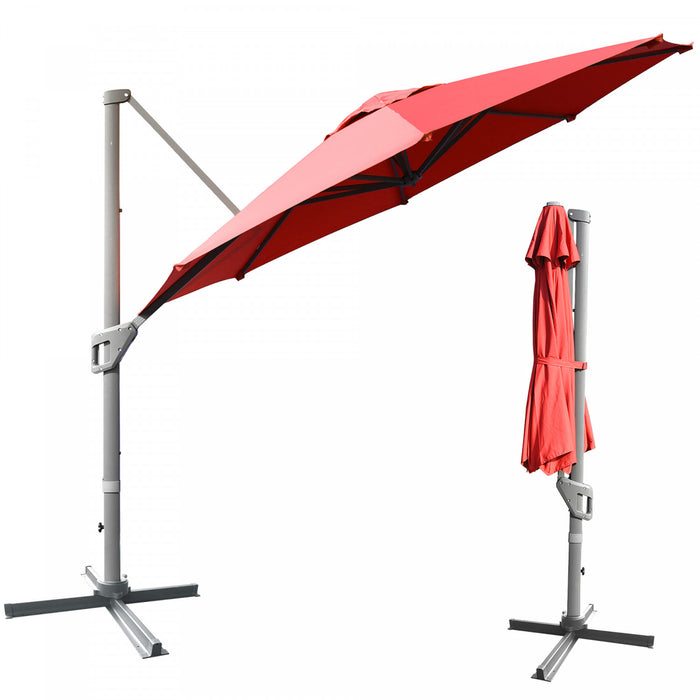 Costway Parasol deporte 11ft pour terrasse a rotation cantilever, aluminium, inclinable, base croisee, vin