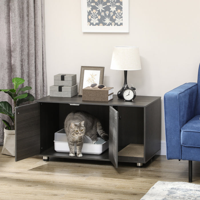 Pawhut Boitier De Litiere Pour Chat, Meuble De Toilette Cache Industriel Pour Chat, Table D'extremite Avec Double Porte Et Tapis A Gratter Pour Le Salon, La Chambre A Coucher, Le Couloir, Noir