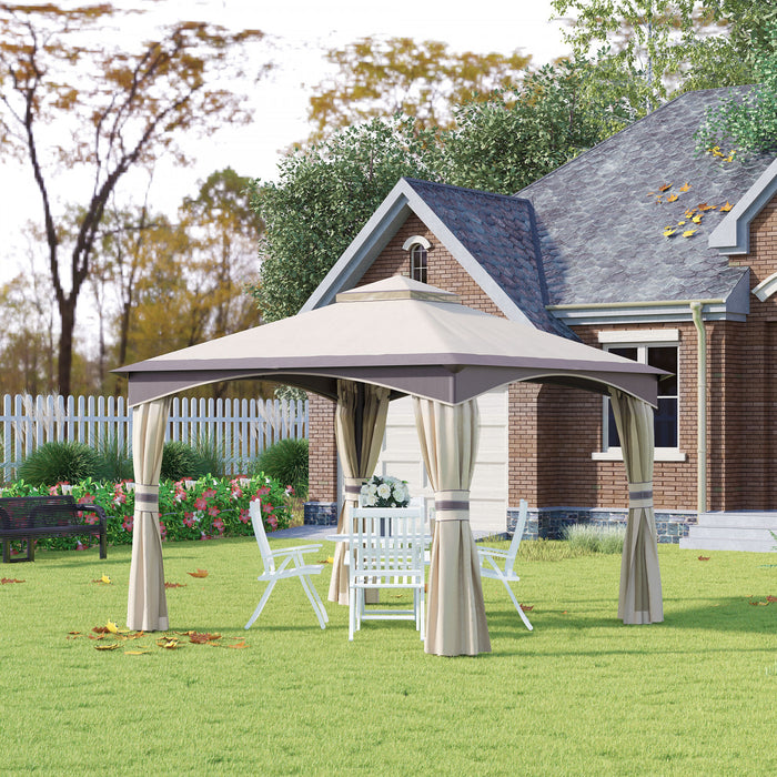 Outsunny 10' X 10' Gazebo Exterieur A Toit Souple Abri De Pavillon Gardem Cadre En Acier Avec Toit Double, Avant-toits, Murs Lateraux En Filet De Pelouse Pare-soleil Beige