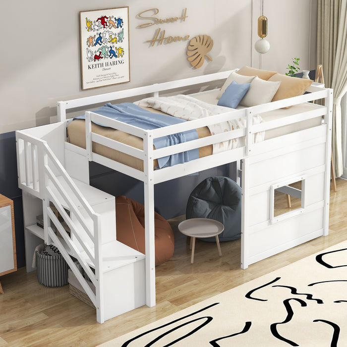 Martin – Lit Mezzanine Simple En Bois Massif Avec Escaliers De Rangement, Fenetre Ludique Et Eclairage Del – Blanc