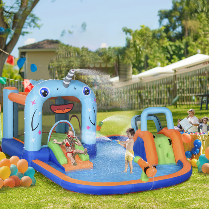 Outsunny 5-en-1 Toboggan Gonflable, Chateau Gonflable Pour Enfants Avec Toboggan, Trampoline, Piscine, Pistolet A Eau, Mur D'escalade, Sac De Transport, Patches De Reparation, Souffleur 450w