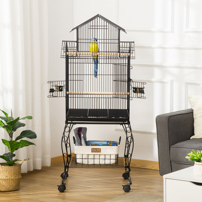Pawhut 53,9\" Grande Cage A Oiseaux Roulante En Acier Avec Support Roulant Amovible, Etagere De Rangement, Perchoir En Bois, Recipient Alimentaire, Noir