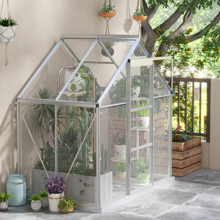 Outsunny Serre En Polycarbonate De 6' X 6', Serre De Plain-pied Avec Porte Coulissante, Fenetre Reglable, Cadre Et Fondation En Aluminium, Maison De Culture De Jardin Avec Gouttiere, Argente