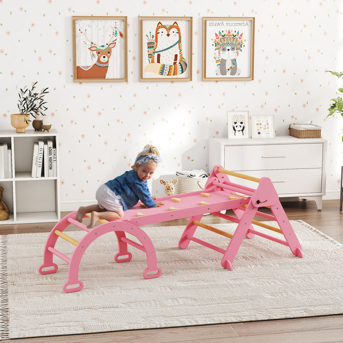 Qaba Ensemble triangle Pikler 5 en 1, jouets d'escalade pliables en bois avec arche, rampe et echelle, aire de jeux interieure Montessori pour tout-petits de 1 a 4 ans, rose