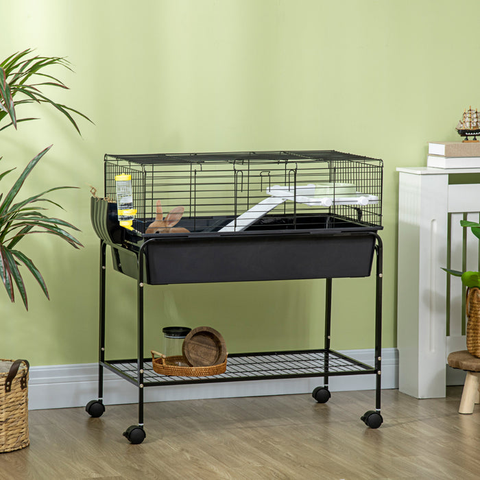 Pawhut Cage Pour Petits Animaux, Cage Roulante De 35 Po Avec Support Amovible, Distributeur D'eau, Plat De Nourriture, Rampe, Roues, Pour Lapin, Furet, Chinchilla, Gris Fonce