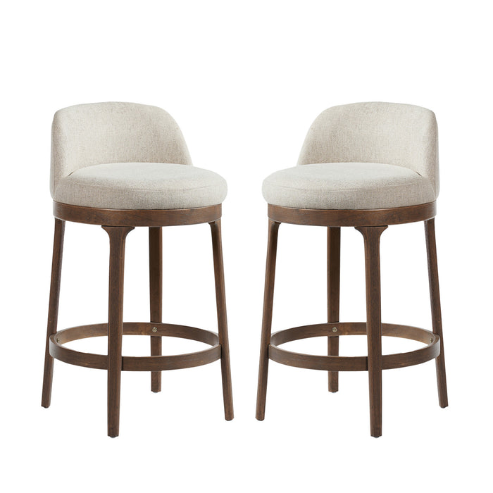 Amelia – Lot de 2 tabourets de bar de hauteur comptoir ergonomiques en bois d’hevea avec revetement en tissu, finition noyer