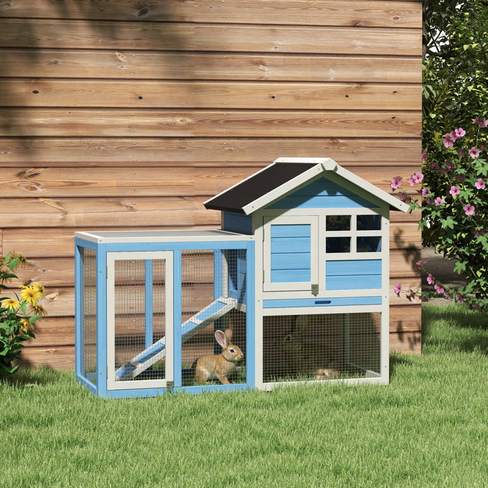 Pawhut Clapier A Lapin En Bois De 48\" Avec Toit En Asphalte Impermeable, Enclos Exterieur Amusant, Plateau Et Rampe Amovibles, Bleu Clair