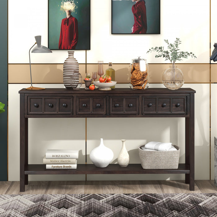 Table Console Michael En Bois Massif Pour Entree Avec Tiroirs De Rangement Et Etagere Inferieure - Marron