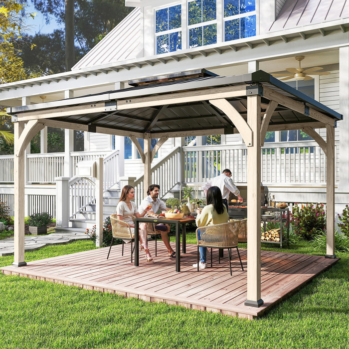 Outsunny Gazebo 3,66 m x 4,27 m en bois avec toit rigide double, pavillon exterieur