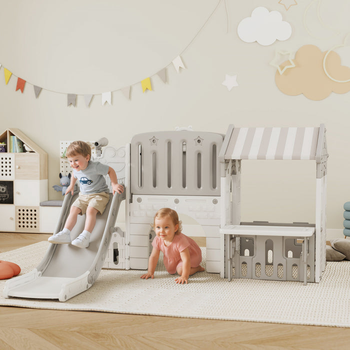 Qaba Toboggan 7 en 1 pour tout-petits avec maisonnette, toboggan d'escalade pour enfants avec panier de basket et tunnel pour jeux d'interieur de 1 a 4 ans, gris