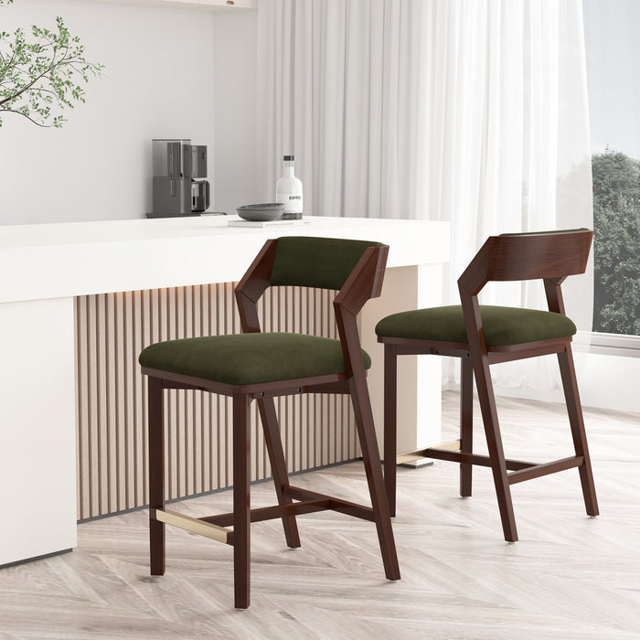 Tabouret de comptoir moderne en bois Patricia avec assise rembourree, vert tortue - Lot de 2