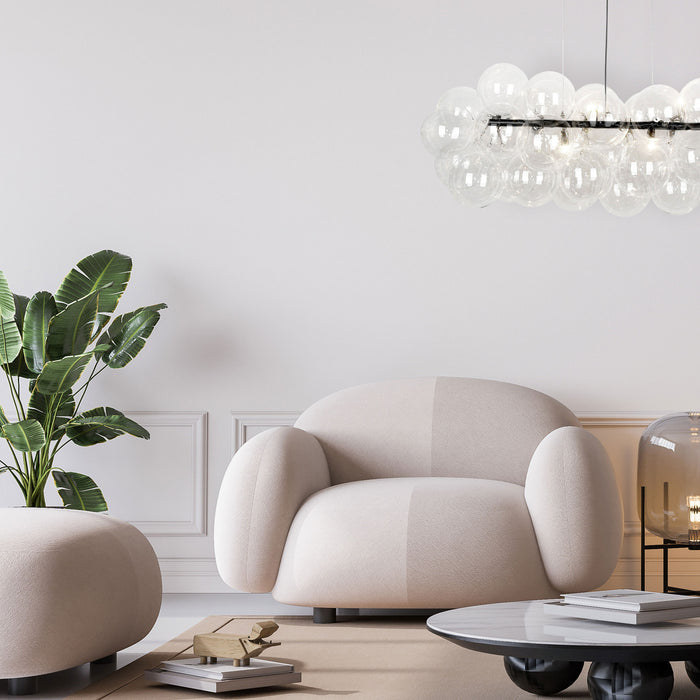 Luminaire suspendu horizontal Comet de Dainolite en verre transparent, avec fini noir mat et 10 ampoules