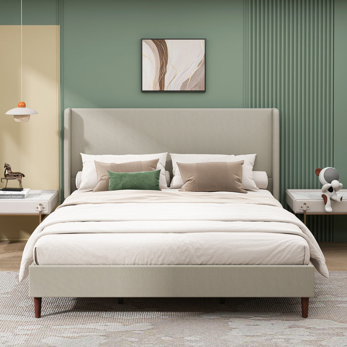 Cadre de lit King Harper rembourre avec tete de lit haute, en tissu lin, beige