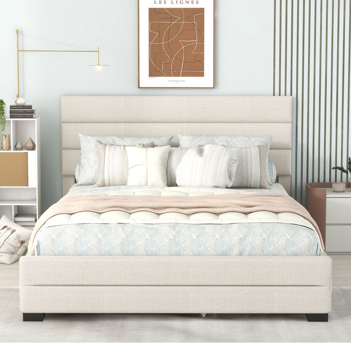 Sophie – Lit Plateforme Rembourre En Tissu Aspect Lin Avec Lit Gigogne Et Tiroirs De Rangement, Format Grand, Beige