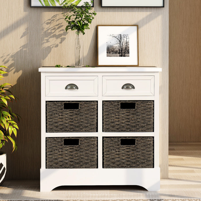 Buffet De Rangement Tobey En Bois Massif Avec 2 Tiroirs Et 4 Paniers En Rotin, Blanc