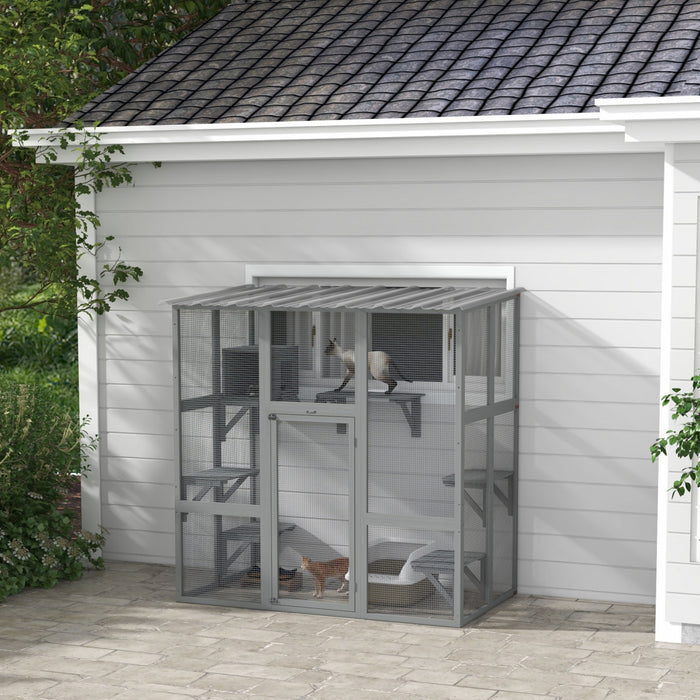 Pawhut Catio Enclos D'exterieur Pour Chat En Bois Avec Toit Resistant Aux Intemperies, Pont, Boite De Repos, Plates-formes Pour 2 Chatons, Gris