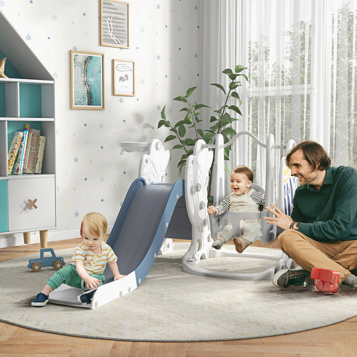 Qaba Ensemble Balancoire Et Toboggan 3 En 1 Pour Tout-petits Avec Panier De Basket-ball, Aire De Jeux Interieure Pour Bebe, Theme Spatial, Blanc Et Bleu