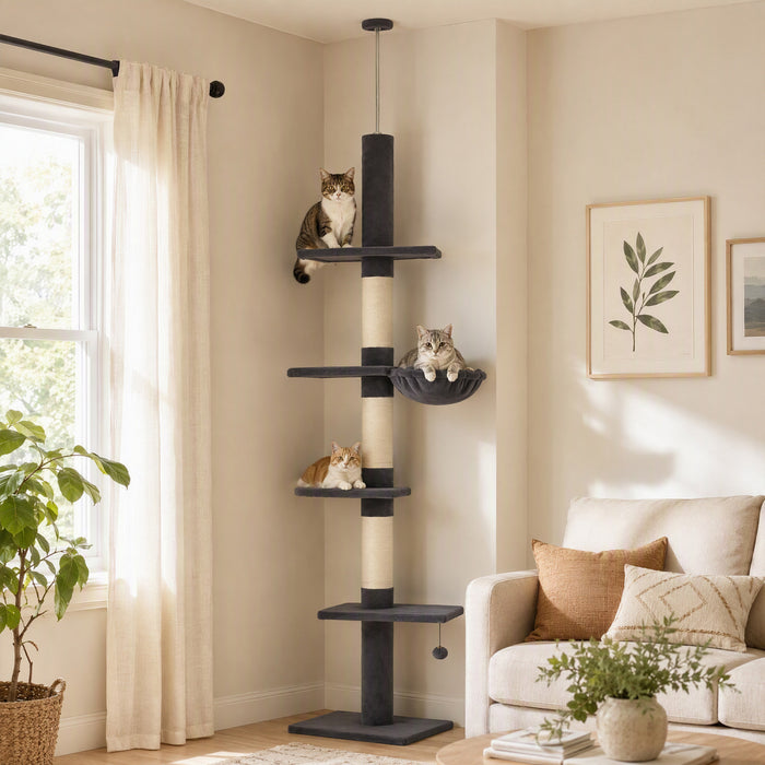 PawHut Arbre a chat sol-plafond reglable 225-255 cm, tour 5 niveaux