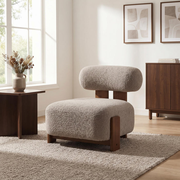 Luma Fauteuil de Salon Moderne en Bouclette a Dossier Enroule et Cadre en Bois Massif, Brun, Noyer