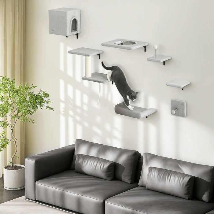 7 Pcs Cat Wall Shelves With House, Sisal Post Ladder, Grey