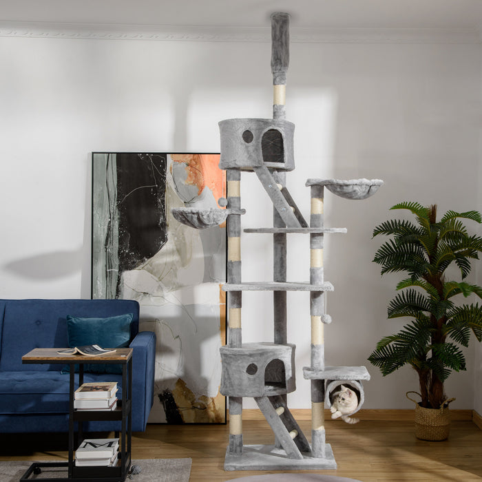 Pawhut 94 \"-102\" Enorme Arbre A Chat A Plusieurs Niveaux Du Plafond Au Sol. Griffoir Centre D'activite Multi-niveaux Maison De Jeu Gris Clair