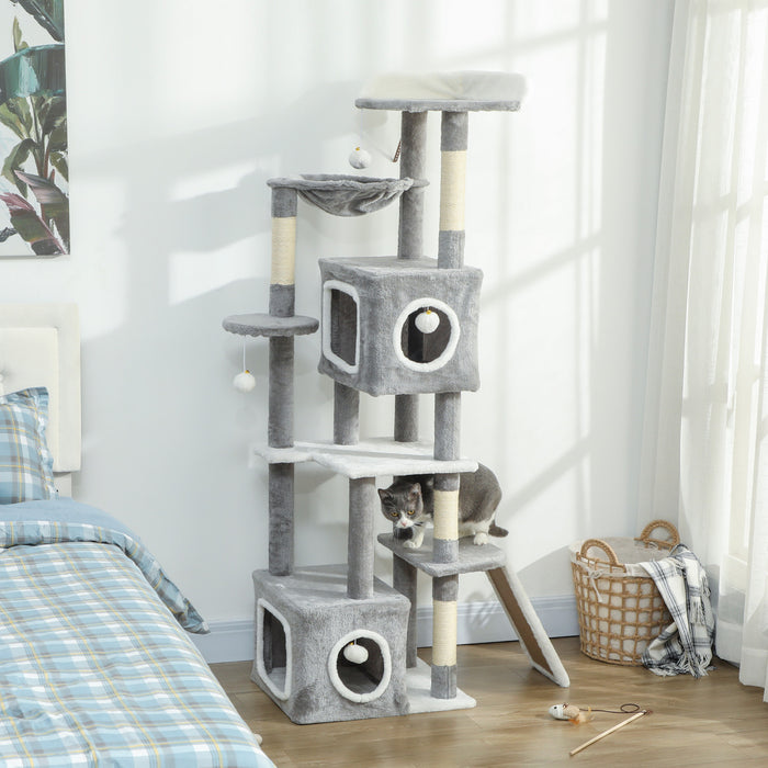 Tour a chat PawHut, arbre a chat de 43 cm avec griffoir en jute, centre d'activites pour chatons avec griffoir incurve, balle suspendue avec clochette, gris