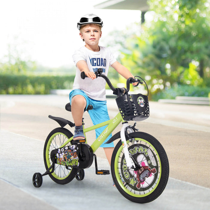 Costway 18\" Velo Pour Enfants Pour 4-8 Avec Guidon Reglable En Hauteur Et Frein A Main En Selle Vert