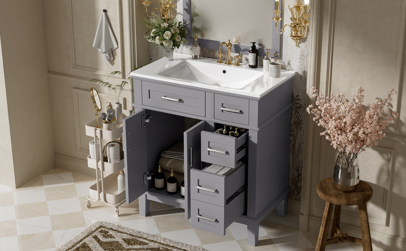 Savannah Meuble de salle de bain 30 pouces avec vasque en ceramique et armoire de rangement spacieux, Gris