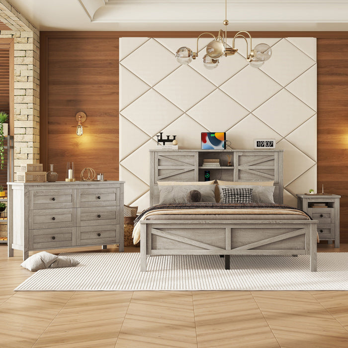 Madison Ensemble de chambre avec lit plateforme style ferme, rangement et station de recharge, taille Queen, gris