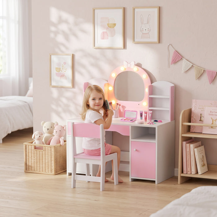 Qaba Coiffeuse Enfant avec Miroir Nœud Lumineux, Tabouret, Placard et Tiroir, Rose