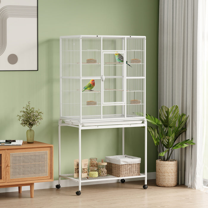 PawHut Cage a Oiseaux 64\", Cage Metallique Roulante pour Perroquet, Maison avec Support a Roulettes Detachable, Etagere de Rangement, Perchoir en Bois, Recipient Alimentaire, Blanc