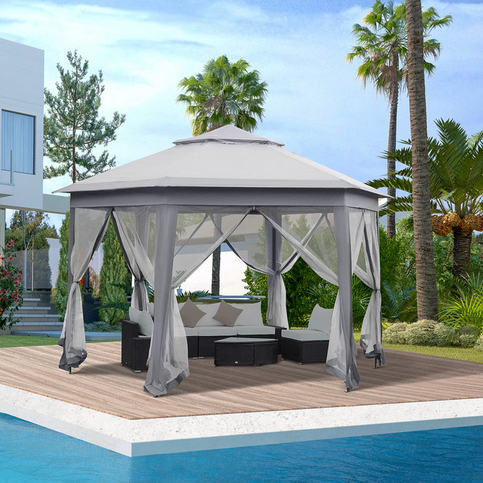 Outsunny Tonnelle Barnum De Jardin Hexagone Pliant Double Toit Metal Polyester Moustiquaires Gris