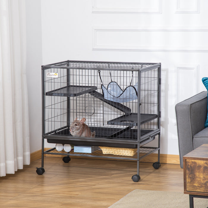 Pawhut Cage Pour Petits Animaux Avec Hamac, Cage Pour Furet A 3 Niveaux Avec Etagere De Rangement, Cage Pour Chinchilla, Cage Pour Planeur En Sucre, Fil Metallique Solide, Plateau Amovible