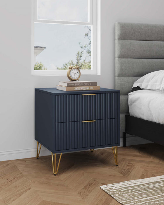 Table de nuit moderne Dumbo 20\" a cannelures, bleu minuit (2 tiroirs)