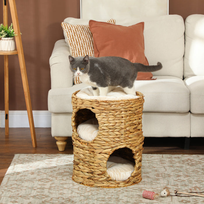 Arbre A Chat Pawhut Cat Condo Barrel, Tour A Deux Etages Avec Perchoir Superieur Et Deux Cachettes, Deux Entrees, Trois Coussins, Pour Chatons D'interieur, Brun Clair