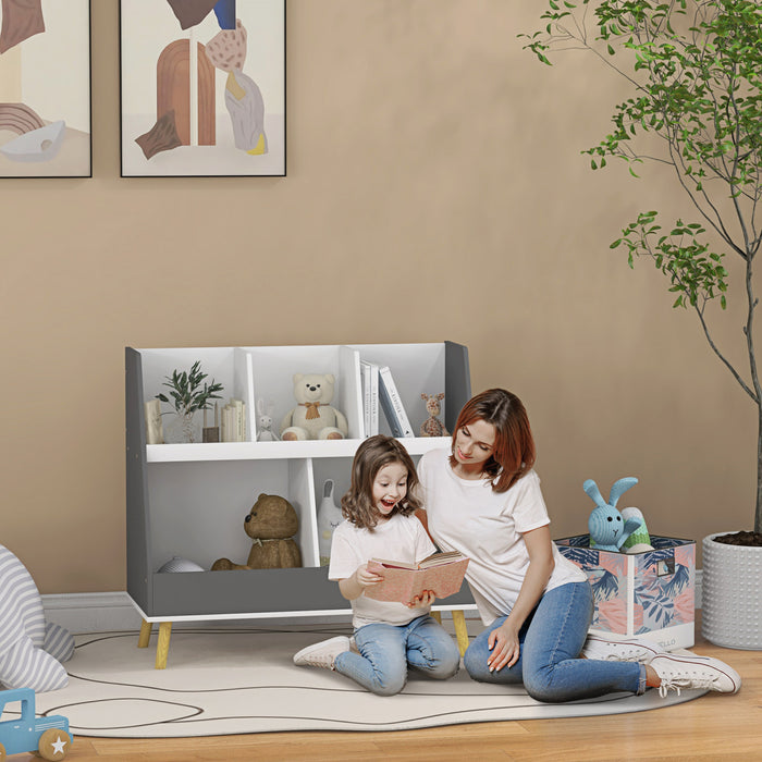 Qaba Organiseur De Rangement Pour Jouets, Bibliotheque Pour Enfants A 2 Niveaux Avec 5 Compartiments, Dispositif Anti-basculement, Pour Chambre D'enfant, Salle De Jeux, Salle De Classe, Gris