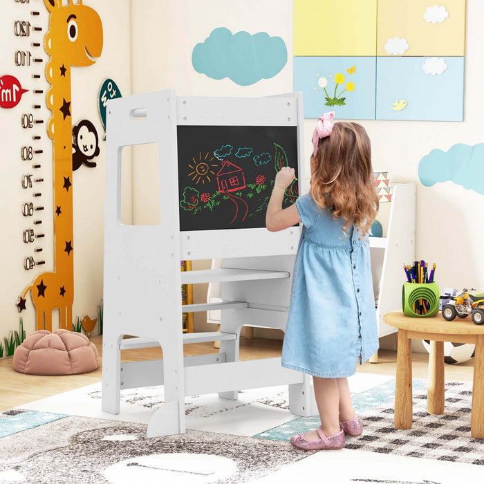 Tabouret D'etape De Cuisine Costway Pour Tout-petit Enfant Avec Tableau A Bois D'activite Reglable En Hauteur Et Rail De Securite Blanc