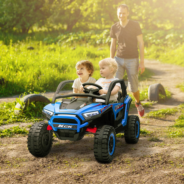 Qaba Vus 2 Places, Voiture Electrique 24 V 7 Ah Pour Enfants Avec Suspension A Ressort, Telecommande, 3 Vitesses, Lumieres Led, Lecteur Mp3, Klaxon, Musique, Bleu