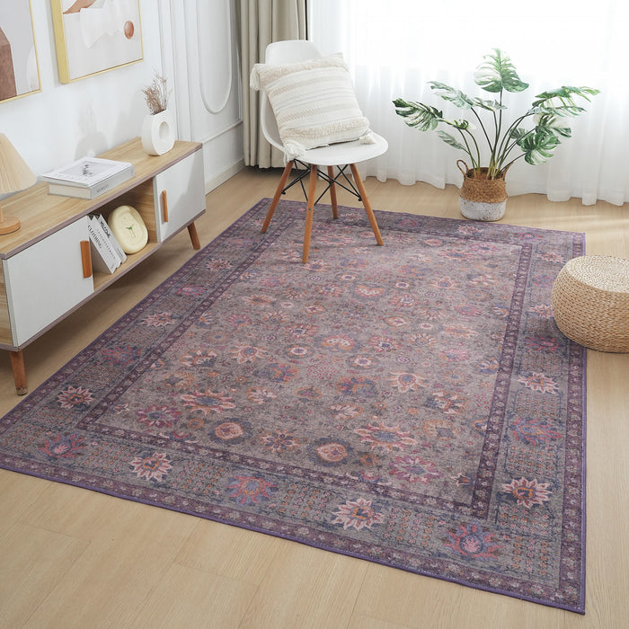 Tapis Brun Floral Lavable Antiderapant A Poils Ras 5'x7'