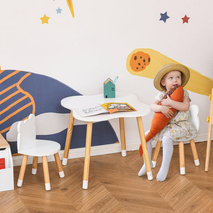 Qaba Ensemble De Table Et 2 Chaises En Bois Pour Enfants Table A Manger Pour Enfants En Forme D'ours Mignon Avec Coins Arrondis Pour 1 A 4 Ans Bureau Pour Tout-petits Lecture Dessin Jouer, Blanc