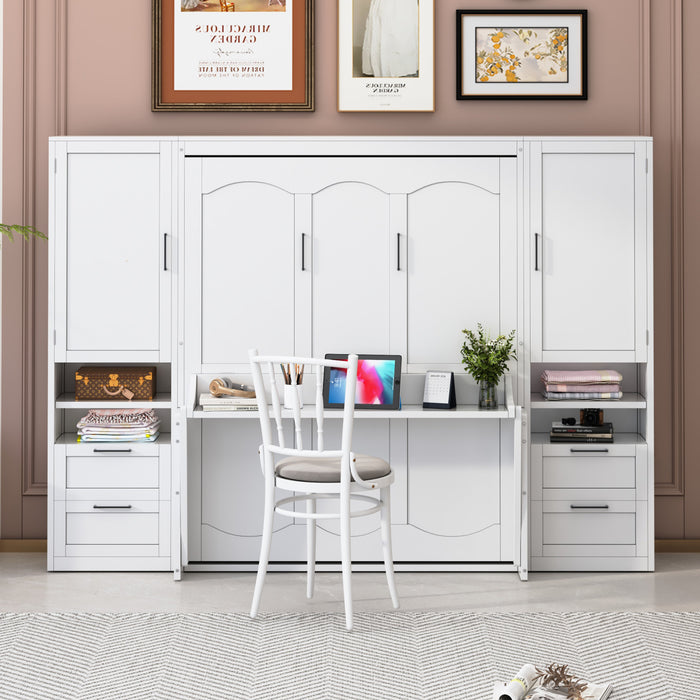 Lit Escamotable Joyce Format Queen Avec Tiroirs Et Etageres, Blanc