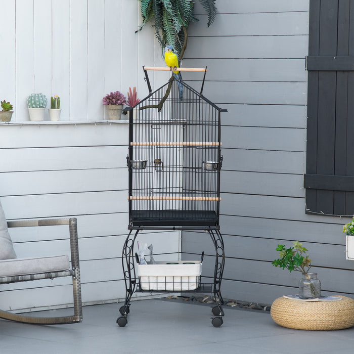 Pawhut Grande Cage A Perroquets En Metal Pour Oiseaux Cage A Perruches Cage A Oiseaux Support Pour Station D'alimentation Avec Roues