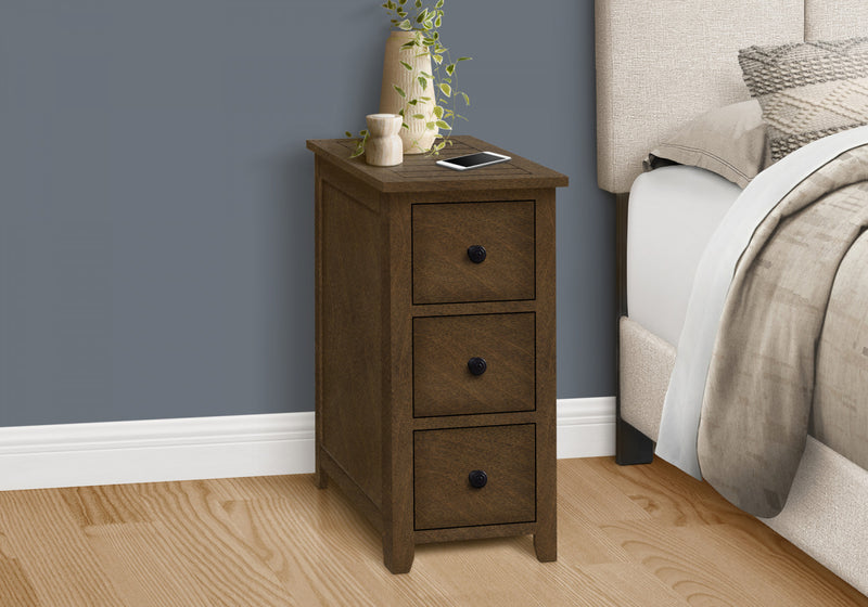 Table de bout, d’appoint et de nuit étroite de style transitionnel avec tiroir de rangement et placages bruns pour la chambre à coucher