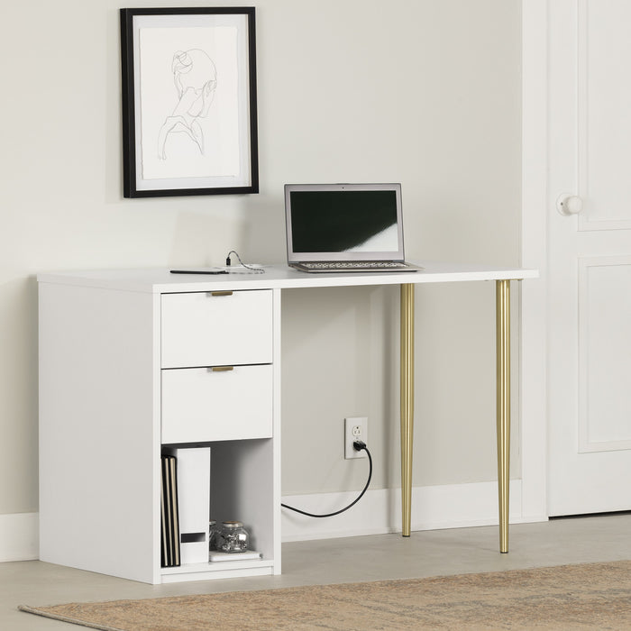 Bureau d’ordinateur Amyra avec multiprise - blanc solide