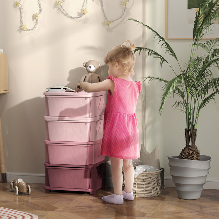Qaba Organiseur De Jouets Pour Enfants Avec 4 Bacs De Rangement, Rose
