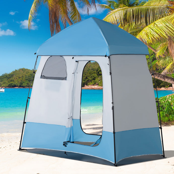 Outsunny Tente De Douche De Camping Pop Up Pliable Abri D'intimite Portable Pour 2 Personnes, Vestiaire Avec 2 Fenetres, 3 Portes, Sac De Transport, Gris Et Bleu