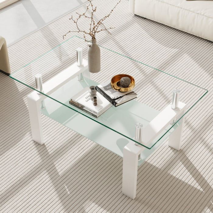 Table basse moderne rectangulaire en verre trempe transparent Liam, avec pieds blancs